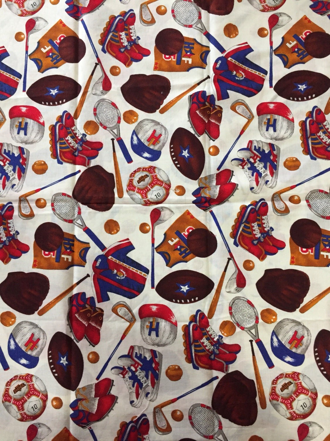 Sports fabric, cotton print. quilting, sewing, 22 inch of a yard, cream