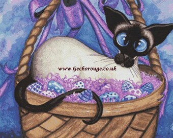 Easter Basket, Cat cross stitch, AmyLyn Bihrle, Siamese Cat, Counted Cross Stitch Kit, Easter Cross Stitch, Cute, Modern Art Cross Stitch