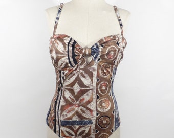 One Piece Swimsuit Vintage 1980s Batik Print Tribal Bathing Suit