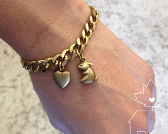 Solid Brass Bunny Nugget & Heart Locket Charm Bracelet