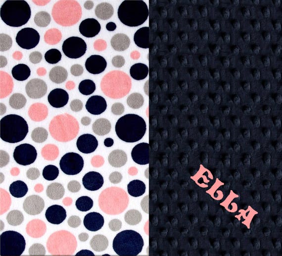 Personalized Minky Baby Blanket or Lovey- Coral Navy Gray Dots // Custom Double Minky Baby Blanket // Name Baby Blanket // Custom Blanket
