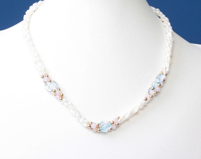 Freshwater Pearl Necklace Blue Glass Beads Rose Quartz Gold Tone Beads Vintage