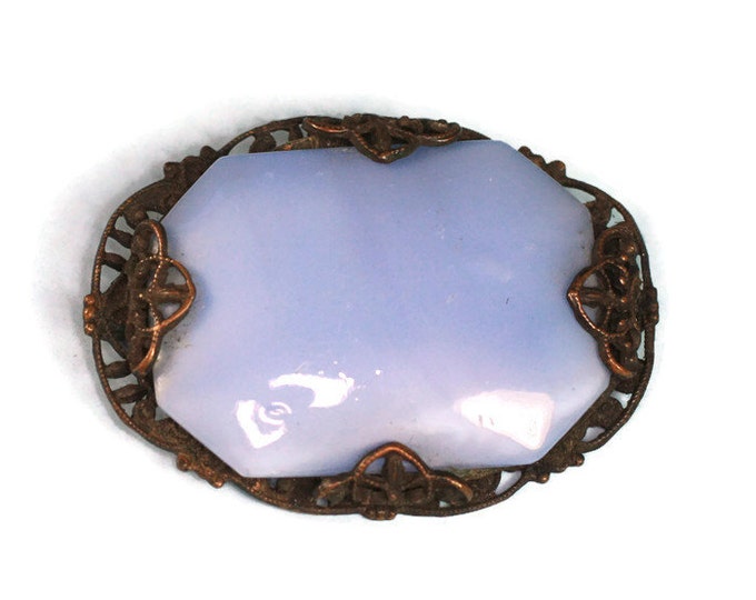 Pale Blue Satin Glass Brooch Filigree Setting Antique