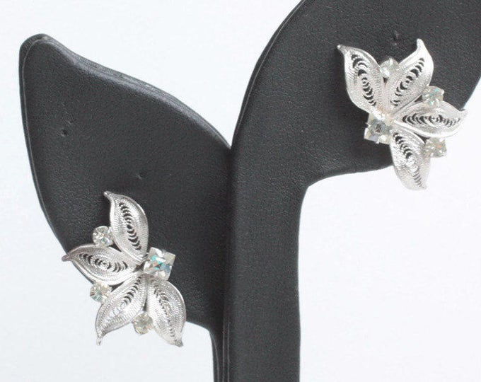 Sterling Filigree Earrings Clear Crystals Leaves Carl Art Signed Screw Back Vintage