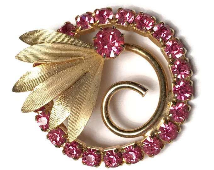 Pink Rhinestone Circle Brooch Flower Leaf Retro Vintage