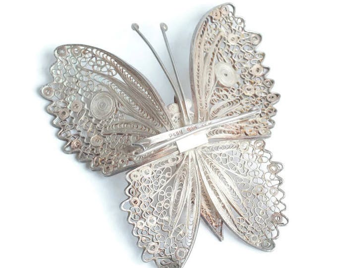 Large Silver Filigree Butterfly Brooch Peru Insect Jewelry Statement Brooch Vintage