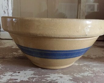 Yelloware 8" Blue Stripe Yelowware Ovenware Stoneware Bowl Farmhouse, Country Cottage Yellow Ware