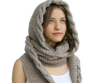 Hand Knit Milky Brown Wool Hooded Scarf / Cabled Long Hoodie Scarves / Cowl / Knit Scarves, Trend Knit Accessories