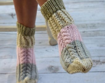 Knitted socks cottage quit socks lace cable knit bed socks neutral color cottage chic womens socks gift for her handmade girls socks