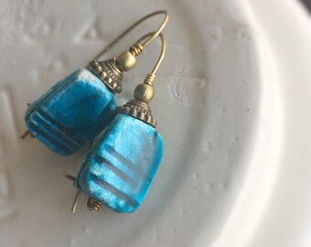 No. 068 - Turquoise Ceramic Earrings on Brass Wires - Scarab