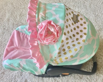 Pink and Gold Infant Car Seat Covers, Mint, Pink and Gold Baby Car Seat Covers, Gold Polka Dot Infant Car Seat Covers, Carseat Covers Baby