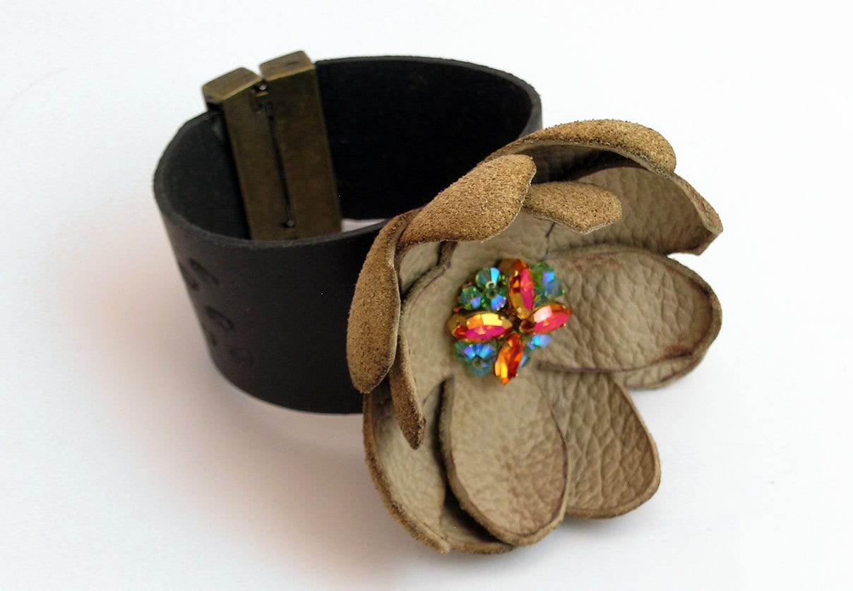 Leather and Crystal Flower Bracelet