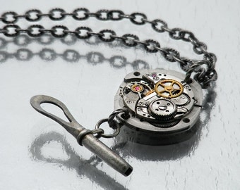 Steampunk Necklace | Vintage Watch Mechanism Pendant, Antique Watch Key | Layered Cogs, Wheels | Industrial Pendant - 33 Inch Long Chain