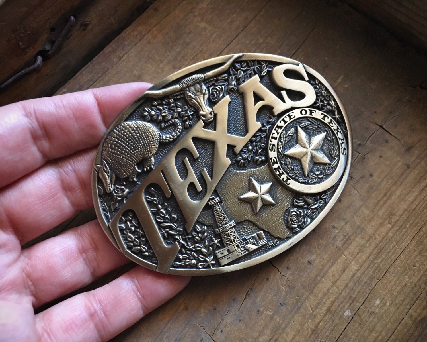 1980s TEXAS belt buckle solid brass Award Design Metals, State of Texas