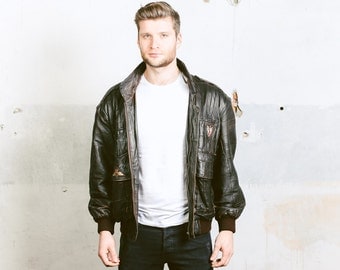 Men's Leather BOMBER Jacket . Vintage 80s Brown Flight Jacket Patchwork Leather Aviator Jacket Coat Distressed Outerwear . size Medium
