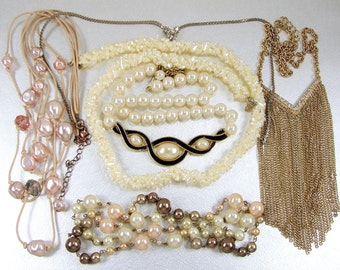 Vintage Necklace Lot Mother Of Pearl Torsade Chunky Faux Pearls Rhinestone Chain Fringe 70's 80's 90's Boho Bohemian Retro Costume Jewelry