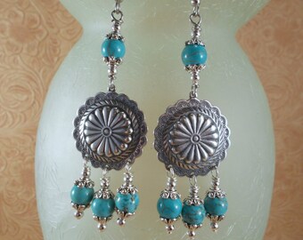 Earrings - Silver Plated Conchos with Turquoise Howlite - Southwest Cowgirl