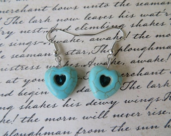 Blue Heart Howlite Drop Earrings With Teal Crystals