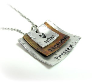 Personalized Necklace Rustic Square Necklace Name Necklace Hand Stamped Jewelry Mom Necklace Personalized Mom Jewelry Mom of 2 Gift for Mom