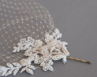 Lace birdcage veil, Champagne birdcage veil, Wedding veil, Lace hair piece, Bridal headpiece