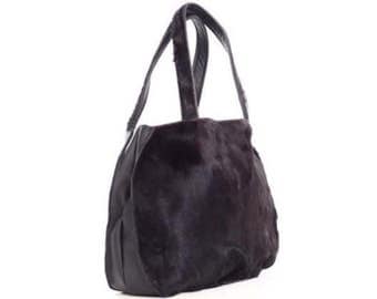 Black Half Cowhide Half Black Leather Bag