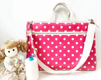 Waterproof - Macbook or Laptop bag with handles and detachable shoulder strap- Polka dots in pink