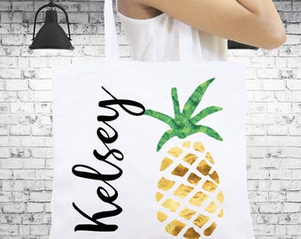 Gold Pineapple Tote Bag Monogrammed Personalized Tote Bag Bridesmaid Gift Monogrammed Gift, Personalized Beach Totes Personalized Book Bag