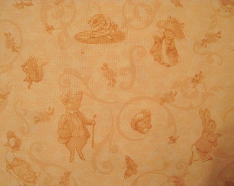 Beatrix Potter, Cotton Fabric, apricot, victorian nursery, remnant, remnent, beatrix potter fabric, beatrix potter remnant, 7/8 Yard