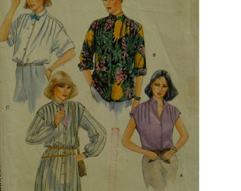 Shoulder Tuck Blouse Pattern, Long/Cap Sleeves, Band Neck, Collar, Long Tunic, Vogue No. 7304 Size 10 (Bust 32.5"83cm)