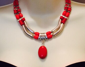 Stylish Red silver statement necklace set, big, bold, chunky, multi-strand, cascade necklace, gift idea, earrings red, handmade