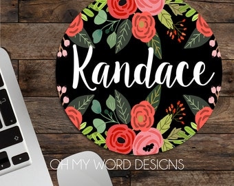 Personalized Mouse Pad-Monogram Mouse Pad-Desk Accessories-Watercolor Flowers-Round Mouse Pad-Desk Accessories