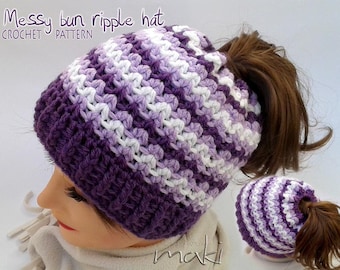 Messy bun hat crochet pattern - Crochet ponytail hat pattern - Ripple hat crochet pattern! Permission to sell finished items.Pattern No. 149