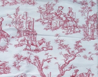 bundle Vintage French Fabric Toile de Jouy Cotton Countryside scenes Rural Vignettes red marsala pink