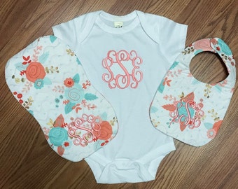 Floral Baby Set - Personalized Bib - Personalized Burp Cloth - Personalized Bodysuit - Baby Shower Gift - Baby Gift - Shower Gift - Infant