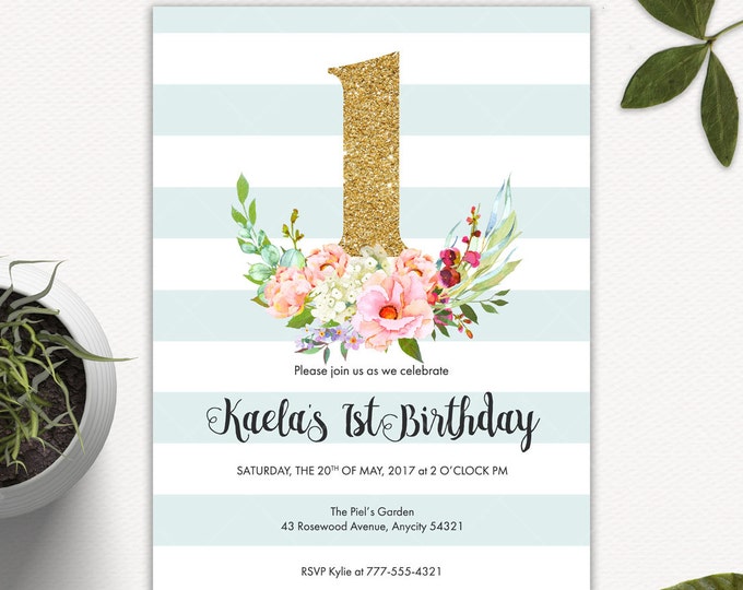 Gold Birthday Invitation, Pink and Gold Invitation, Gold Numbers, Gold and Floral, First Birthday Invitation, Printable Invitation