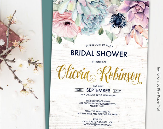 Sweet Dainty Floral Succulent Boho Chic Bridal Shower Invitation, Rustic Succulent Protea Anemone Floral Gold Printable Invitation
