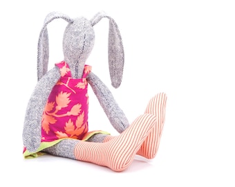 Handmade Bunny Doll - Art Doll Rabbit - Stuffed bunny doll - plush soft cuddly toy - knitted silk rabbit doll in pink & peach - timo doll