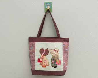 Quilted Tote Handbags,Patchwork Brown Shoulder Bag, Sue Summer Fabric Bags, Applique bag