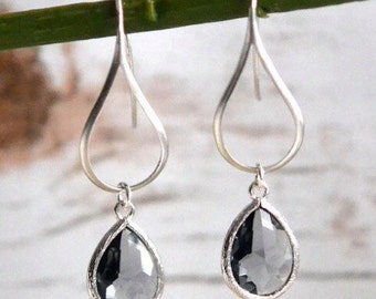Silver Charcoal Drop Earrings. Charcoal Grey Teardrop Drop Earrings. Gift for Her. Dangle Earrings. Modern Drop Earrings. Christmas Gift.