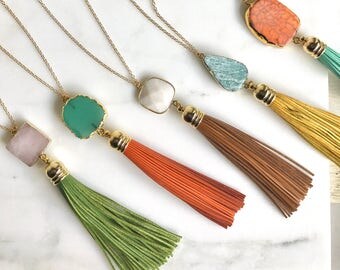 Tassel Necklace. Leather Tassel Necklace. Turquoise Orange Aqua Tassel Necklace. Long Tassel Necklace. Boho Tassel Jewelry.