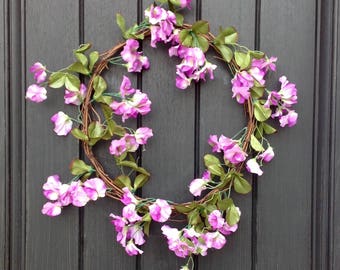 Spring-Summer Wreath-Wispy-Grapevine Door Wreath Decor-Thin Wreath-Mirror-Between Doors-Dainty-Purple/White-Sweet Pea Florals-Indoor/Outdoor