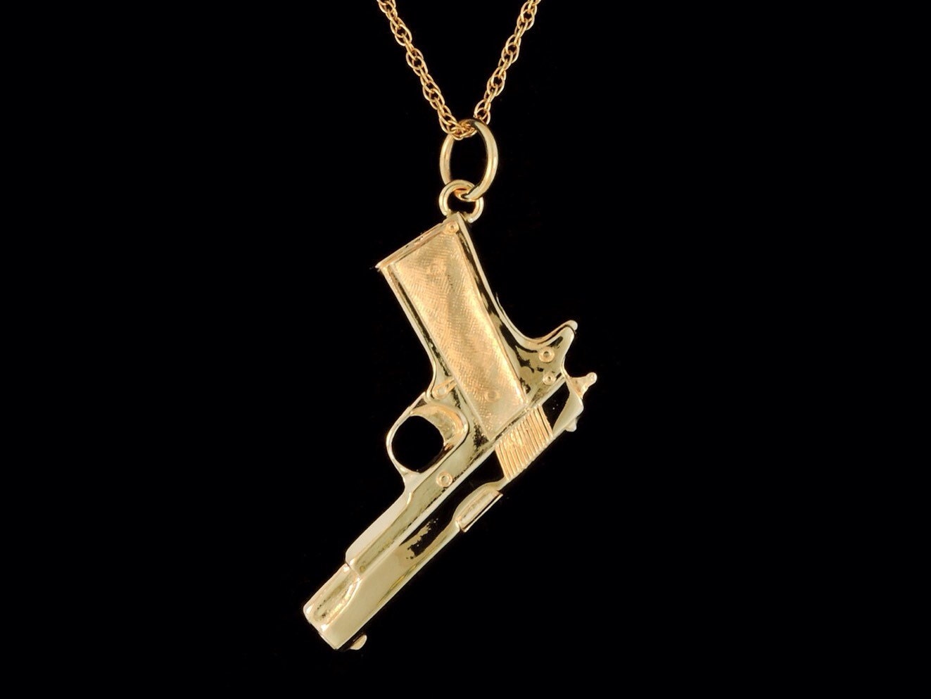 Solid 14k Yellow Gold 1911 45 Pistol Pendant or Necklace