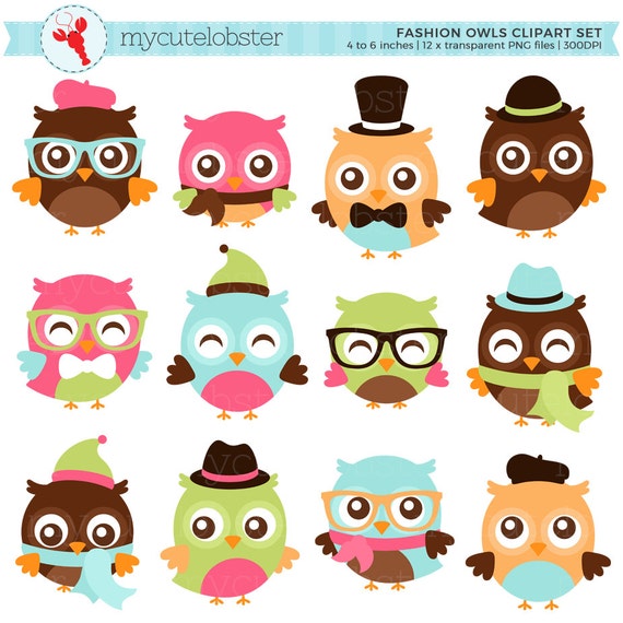 Fashion Owls Clipart Set hipster owls clip art fashion