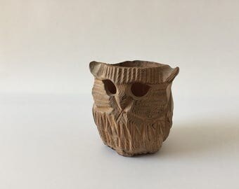 Carved Wood Owl Candle Holder, 1980's Figurine