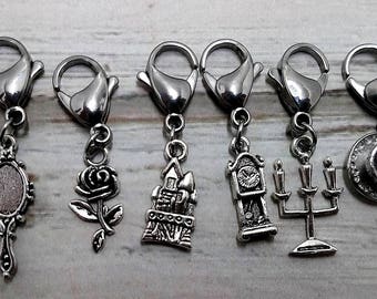 Beauty and the Beast Charm Stitch Markers Knitting Crochet No Snag Closed Ring Lobster Clasp