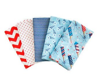 SALE, Parade on Main Fat Quarter (18"x21/22") Bundle of 5, by Riley Blake, July 4th Fabric Bundle, Red, White and Blue