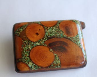 Exotic Wood and Turquoise Inlaid Belt Buckle - Handmade