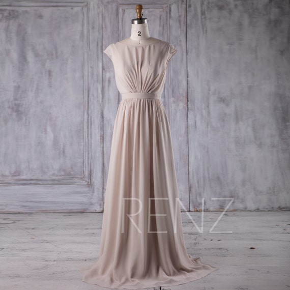 2017 Cream/Beige Chiffon Bridesmaid Dress Cap Sleeves Wedding