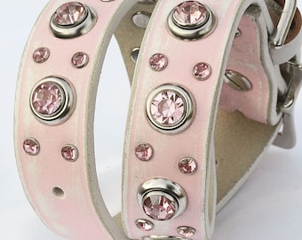 Pink Leather Dog Collar with Jewels, Pink & White Leather Dog Collar, Shabby Chic Leather Dog Collar, Personalize with a tag, Fits 15" - 19"