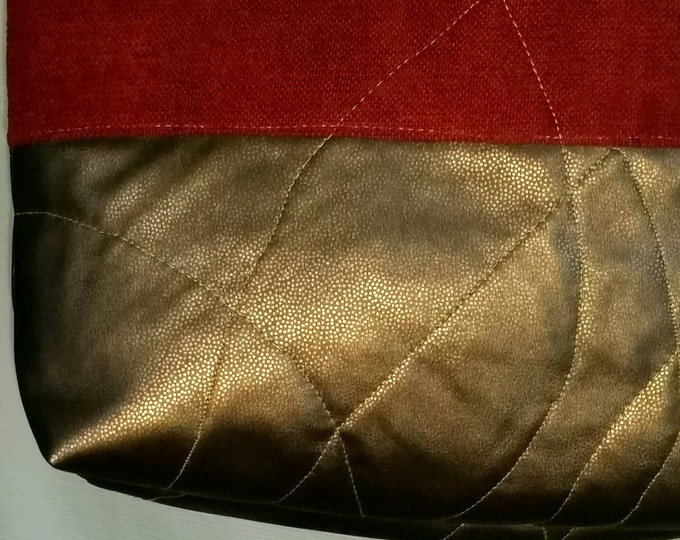 Tote Bag, Rich Red Velvet Upholstery, Bronze Faux Leather Bottom, Quilted Stylized Floral Design